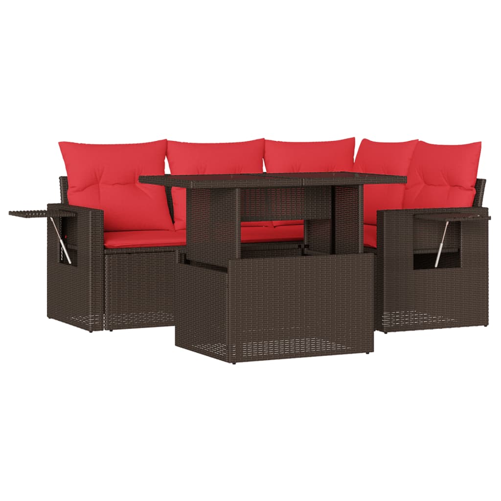 Ensemble de canapé de jardin 5 pcs avec coussins marron résine tressée