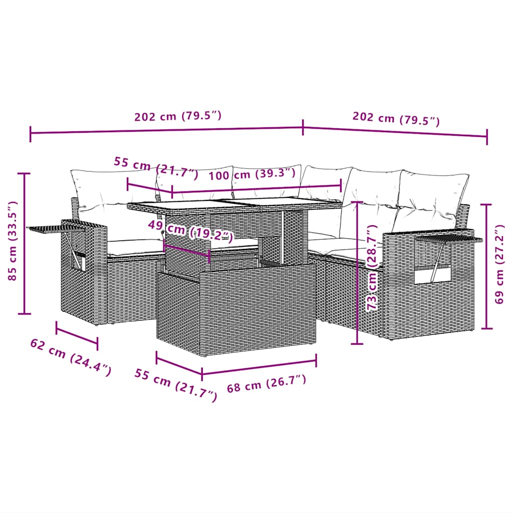 Ensemble de canapé de jardin 6 pcs avec coussins gris résine tressée