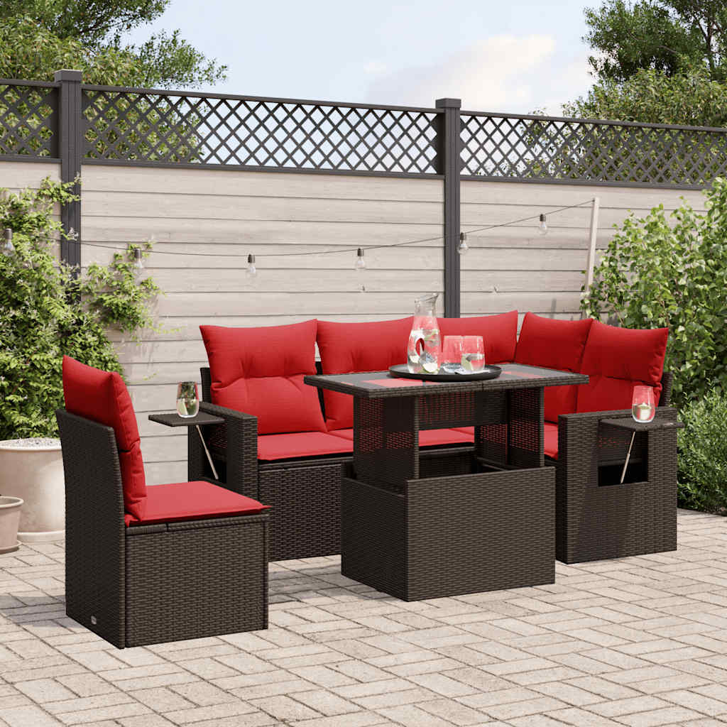 Ensemble de canapé de jardin 6 pcs avec coussins marron résine tressée