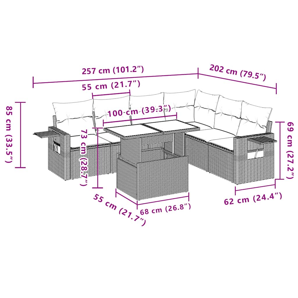 Ensemble de canapé de jardin 7 pcs avec coussins gris résine tressée