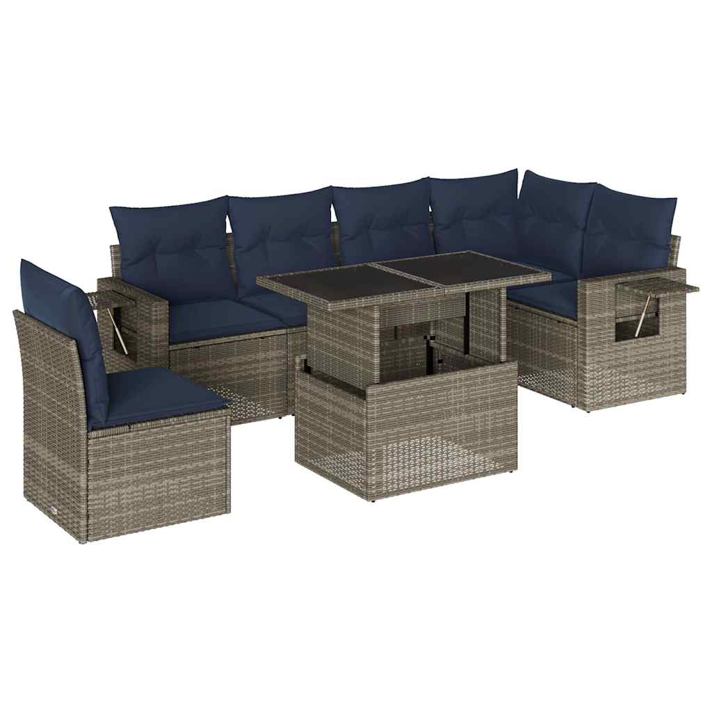 Ensemble de canapé de jardin 7 pcs avec coussins gris résine tressée