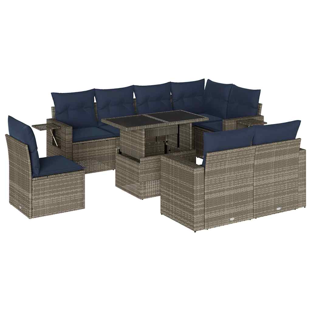 Ensemble de canapé de jardin 9 pcs avec coussins gris résine tressée