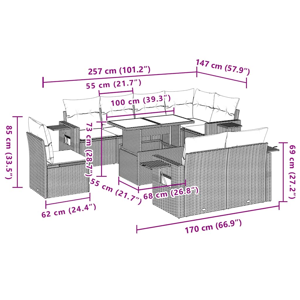 Ensemble de canapé de jardin 9 pcs avec coussins gris résine tressée