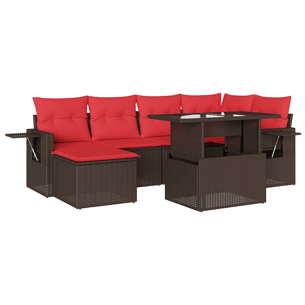 Ensemble de canapé de jardin 7 pcs avec coussins marron résine tressée