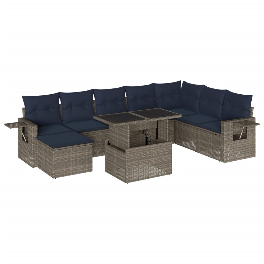 Ensemble de canapé de jardin 9 pcs avec coussins gris résine tressée