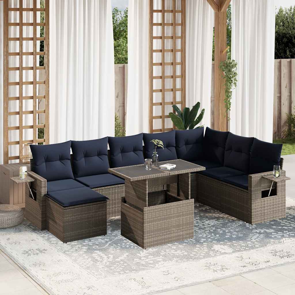 Ensemble de canapé de jardin 9 pcs avec coussins gris résine tressée