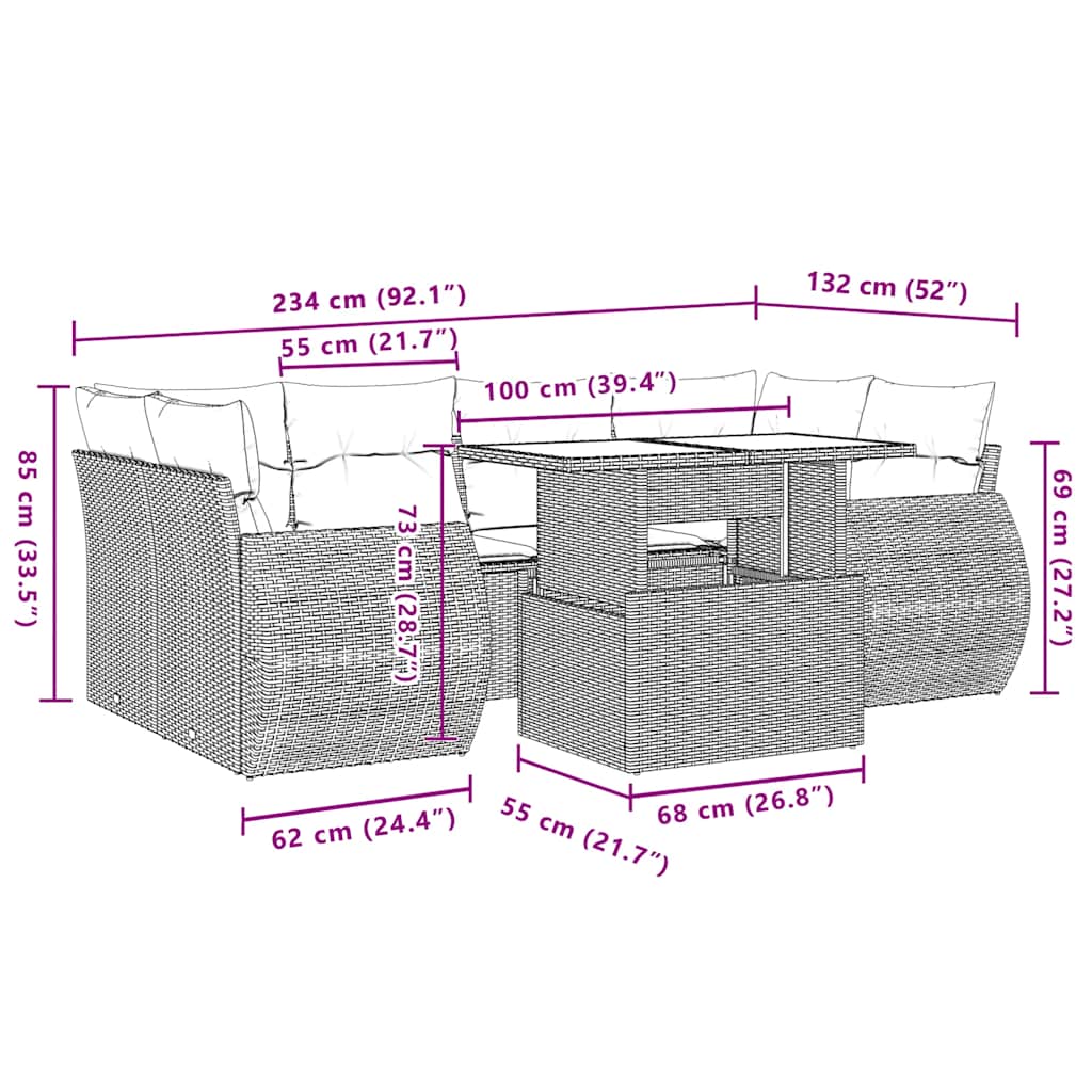 Salon de jardin avec coussins 7 pcs beige résine tressée