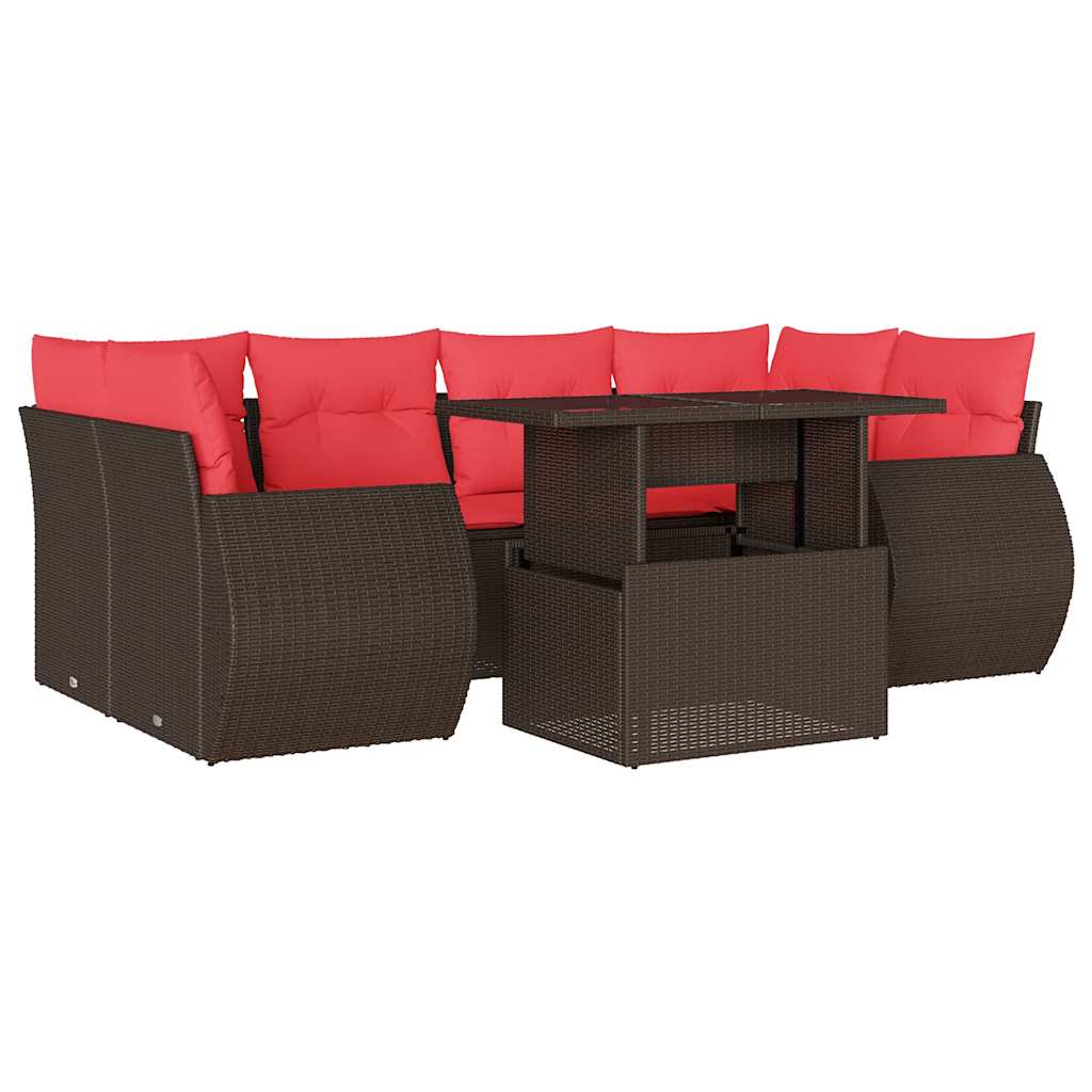 Ensemble de canapé de jardin 7 pcs avec coussins marron résine tressée