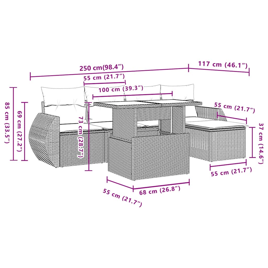 Ensemble de canapé de jardin 6 pcs avec coussins gris résine tressée
