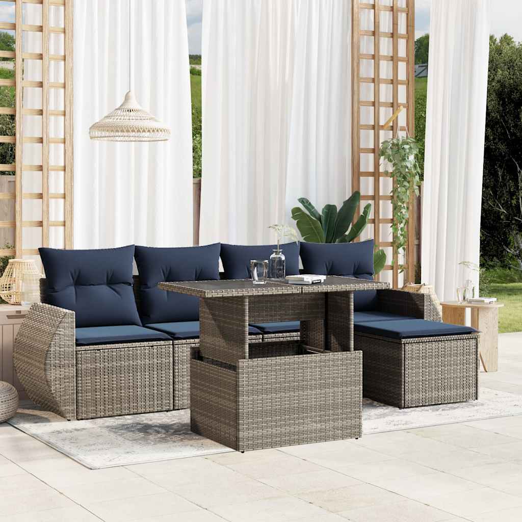 Ensemble de canapé de jardin 6 pcs avec coussins gris résine tressée