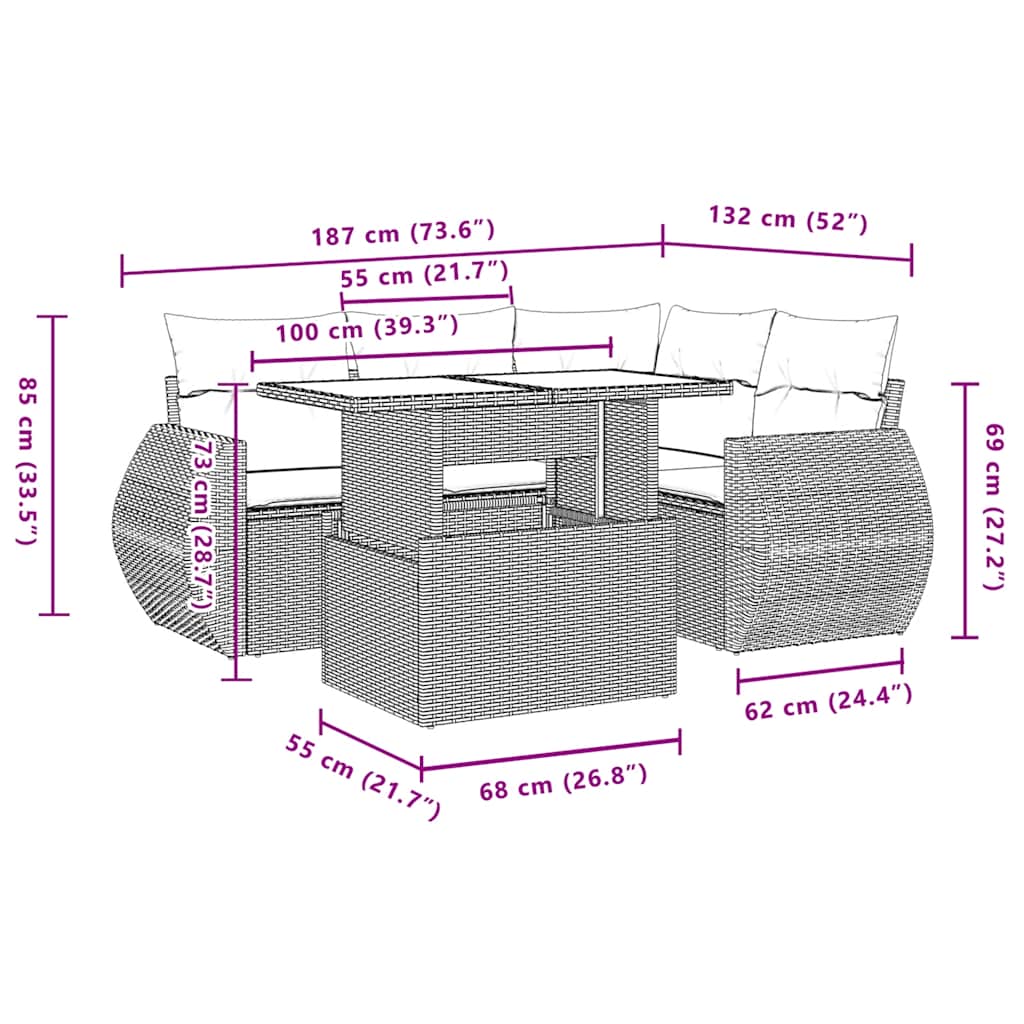 Ensemble de canapé de jardin 5 pcs avec coussins gris résine tressée