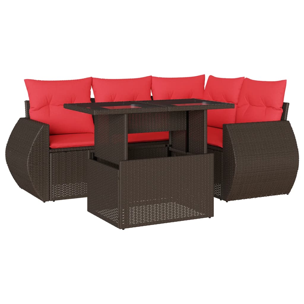 Ensemble de canapé de jardin 5 pcs avec coussins marron résine tressée