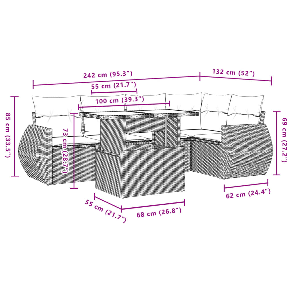 Salon de jardin avec coussins 6 pcs marron résine tressée