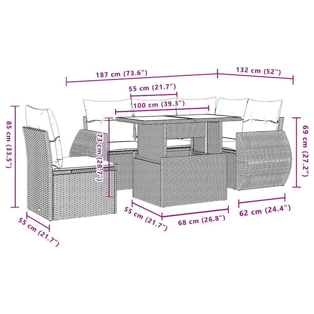 Ensemble de canapé de jardin 6 pcs avec coussins gris résine tressée