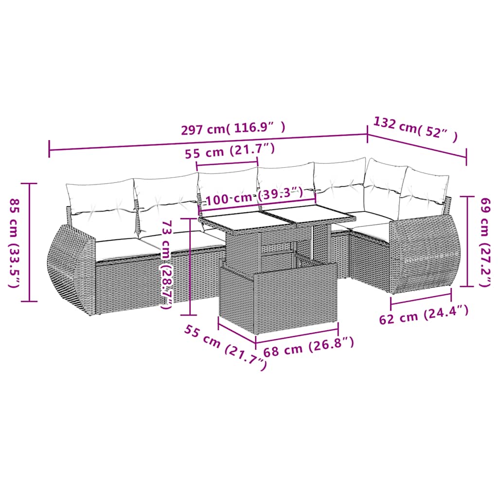 Ensemble de canapé de jardin 7 pcs avec coussins gris résine tressée