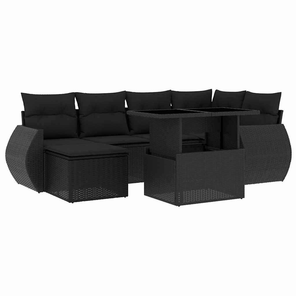 Salon de jardin 7 pcs avec coussins noir résine tressée