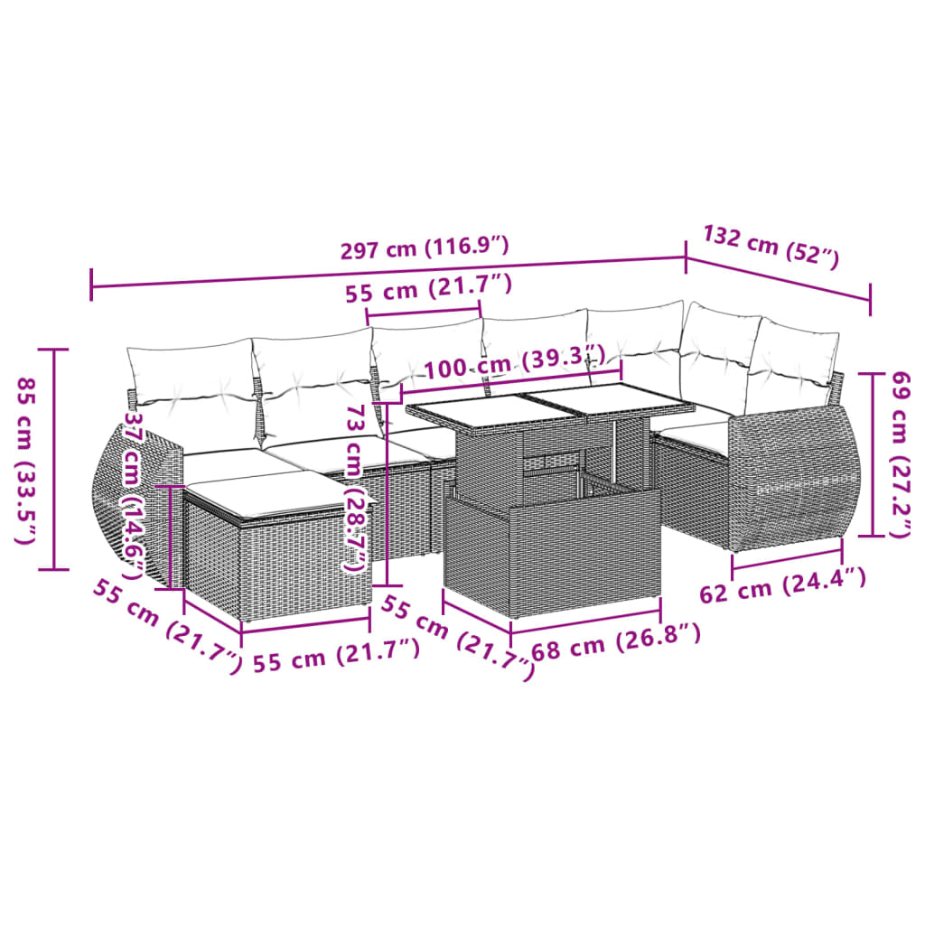 Salon de jardin avec coussins 8 pcs beige résine tressée