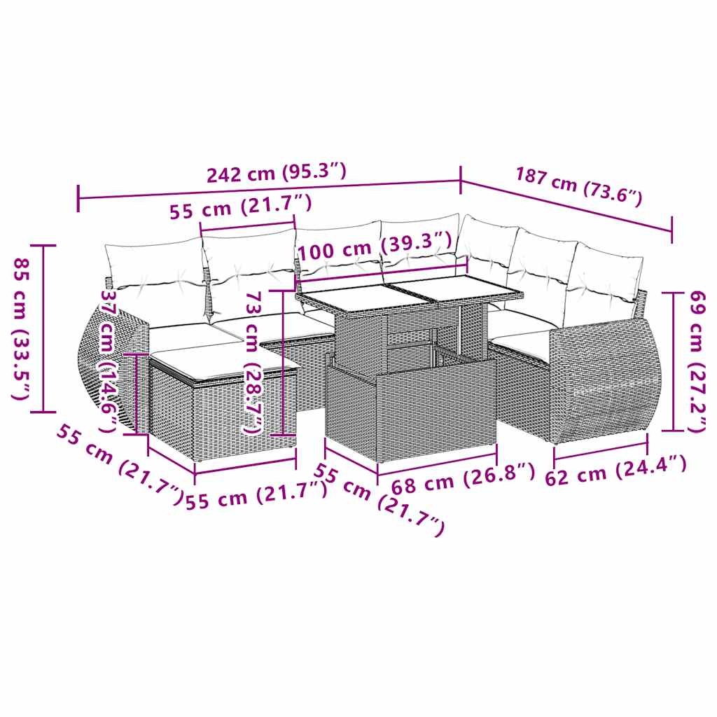 Ensemble de canapé de jardin 8 pcs avec coussins gris résine tressée