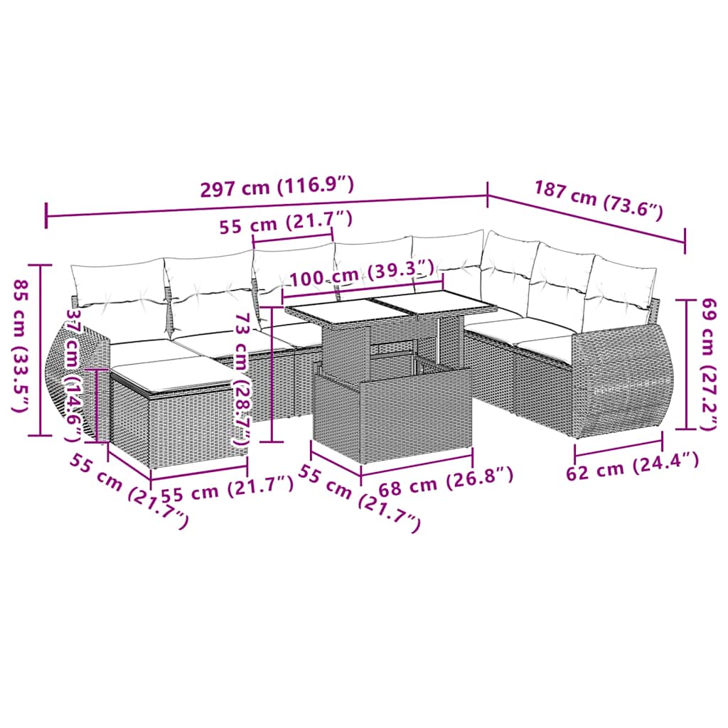 Ensemble de canapé de jardin 9 pcs avec coussins gris résine tressée
