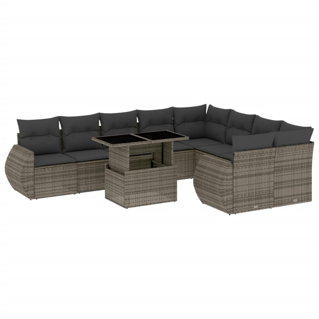 Salon de jardin avec coussins 10 pcs gris résine tressée