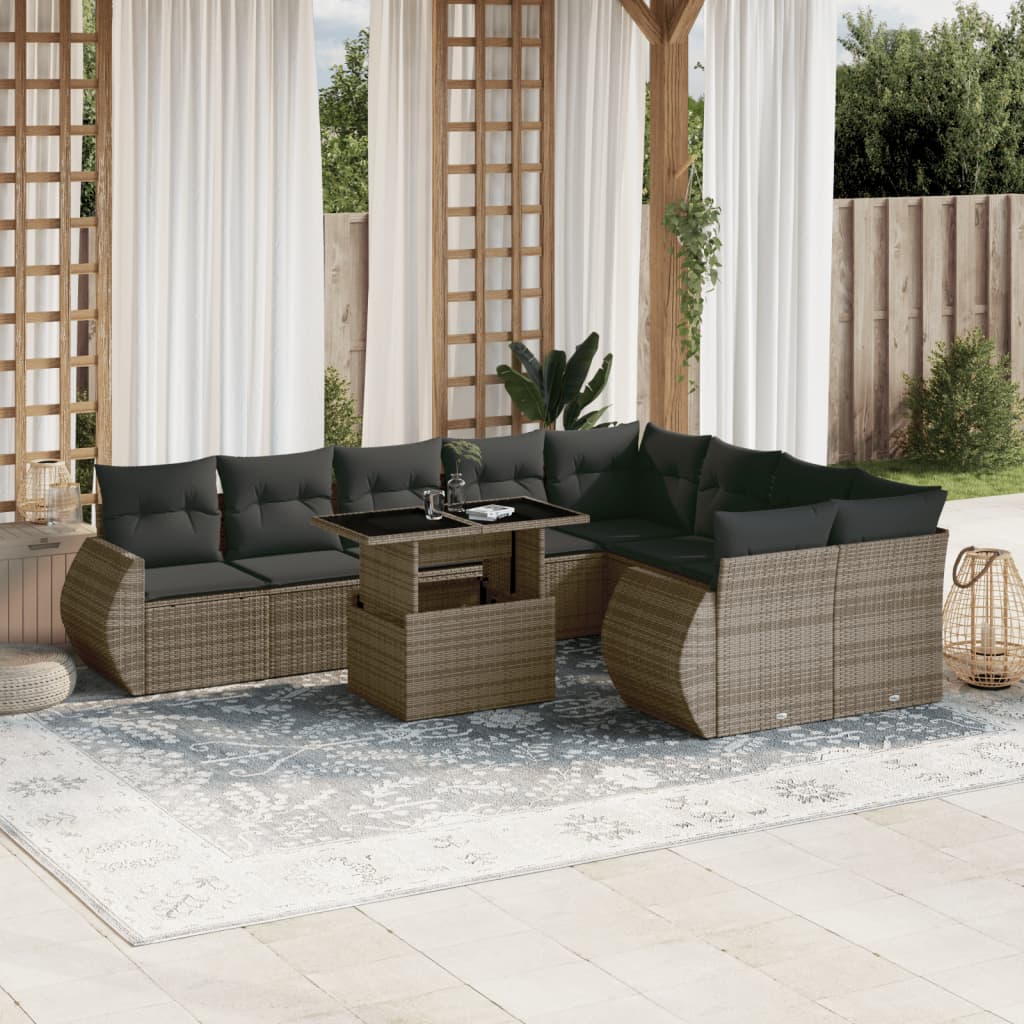 Salon de jardin avec coussins 10 pcs gris résine tressée