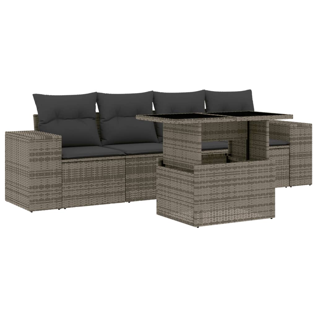 Salon de jardin 5 pcs avec coussins gris résine tressée