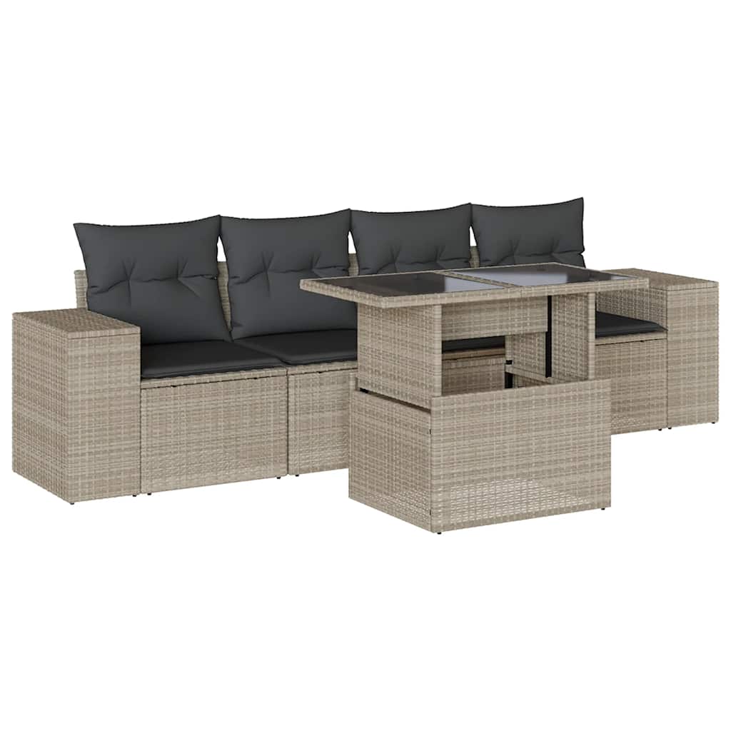 Salon de jardin 5 pcs avec coussins gris clair résine tressée
