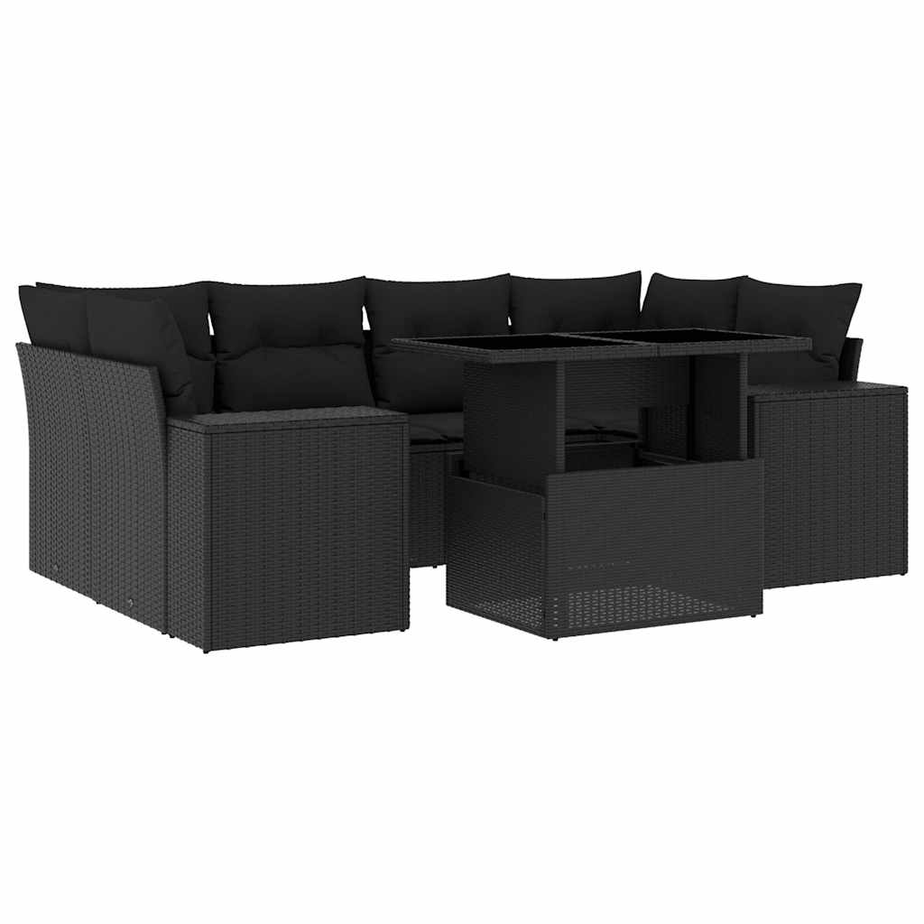 Salon de jardin 7 pcs avec coussins noir résine tressée