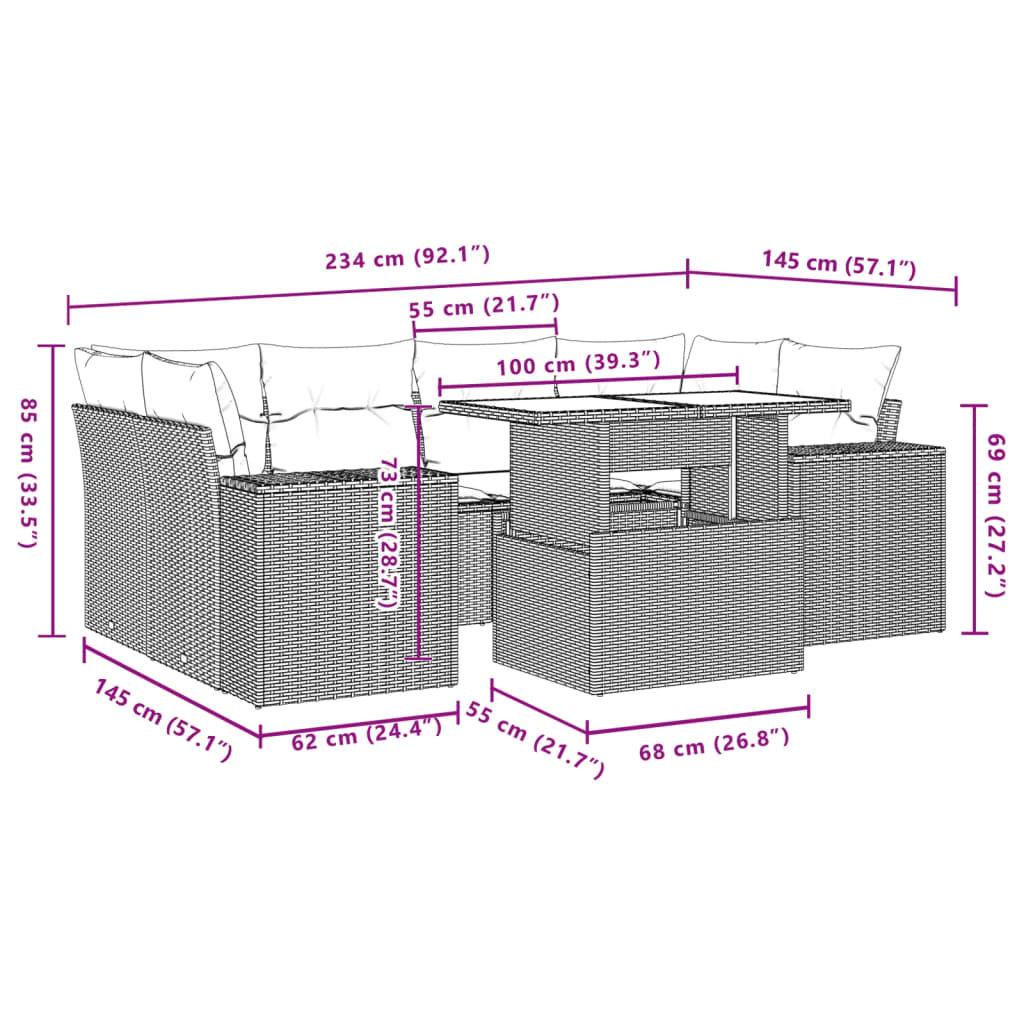 Salon de jardin avec coussins 7 pcs marron résine tressée