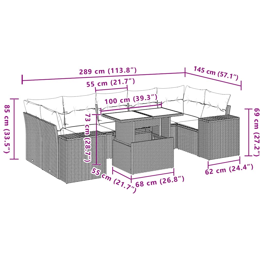 Ensemble de canapé de jardin 8 pcs avec coussins gris résine tressée