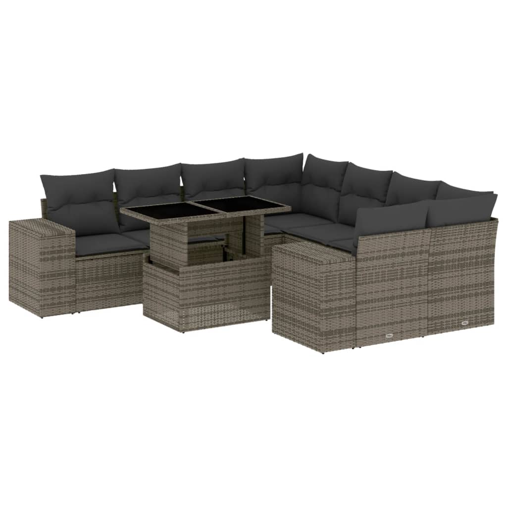 Salon de jardin 9 pcs avec coussins gris résine tressée