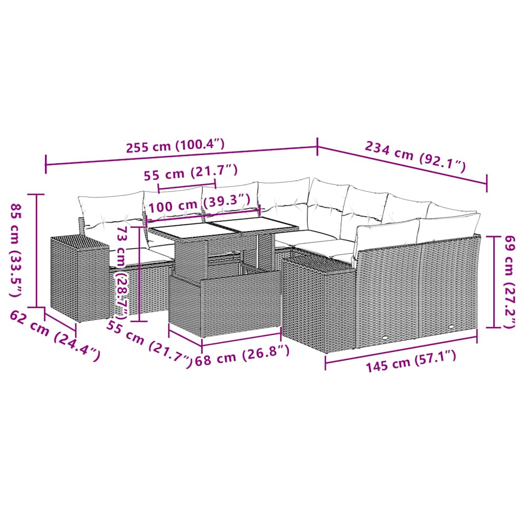 Ensemble de canapé de jardin 9 pcs avec coussins gris résine tressée