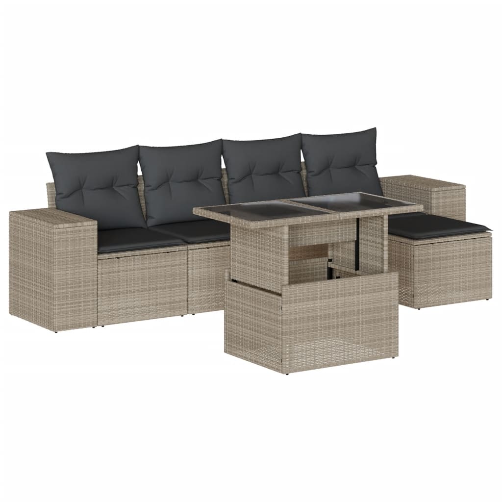 Salon de jardin 6 pcs avec coussins gris clair résine tressée