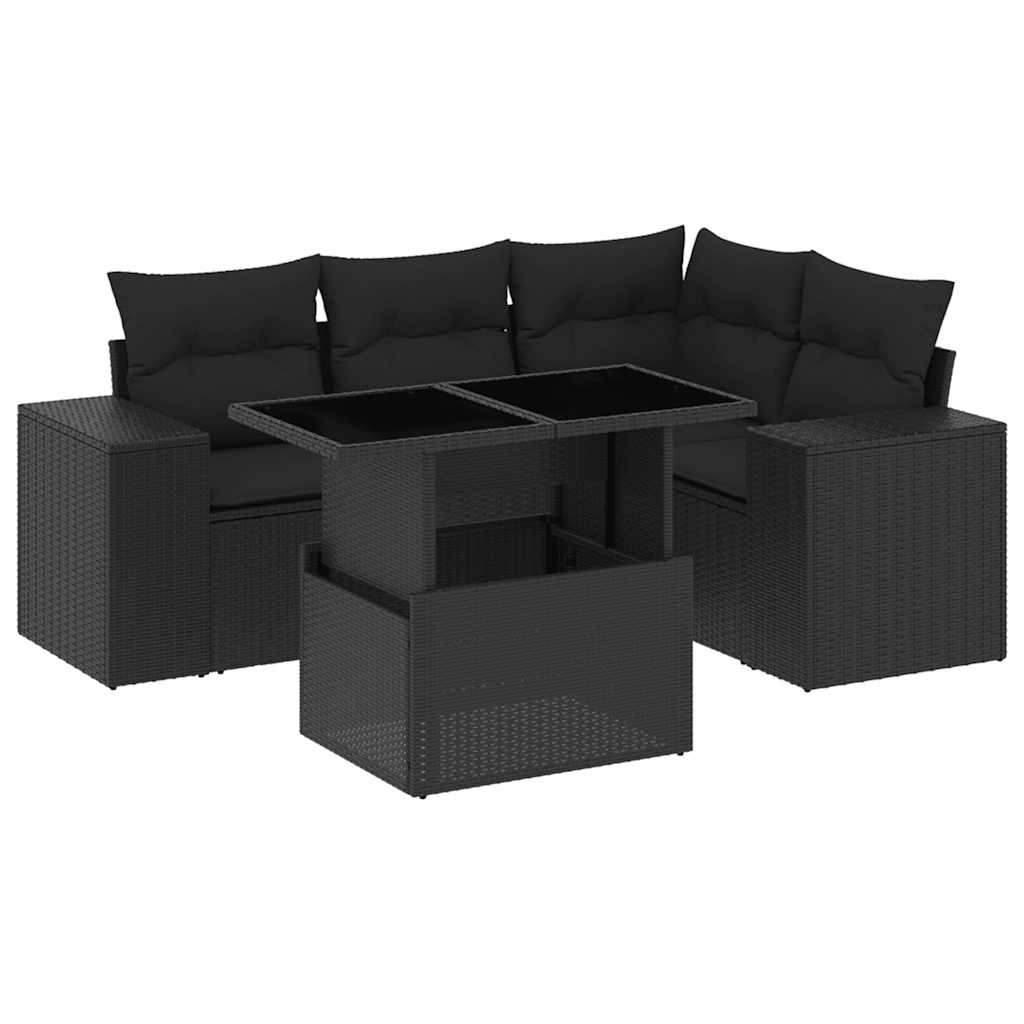 Salon de jardin 5 pcs avec coussins noir résine tressée