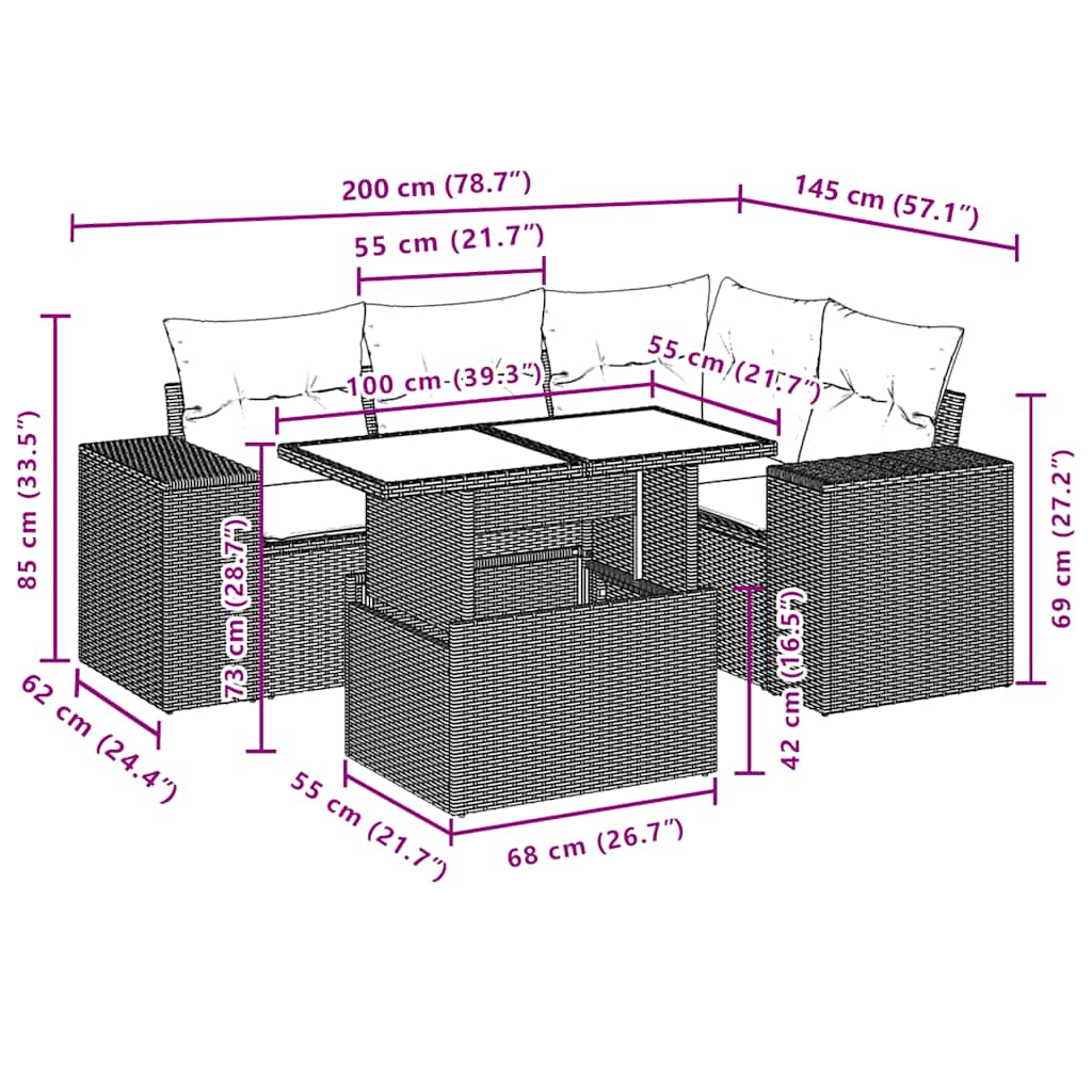Ensemble de canapé de jardin 5 pcs avec coussins gris résine tressée