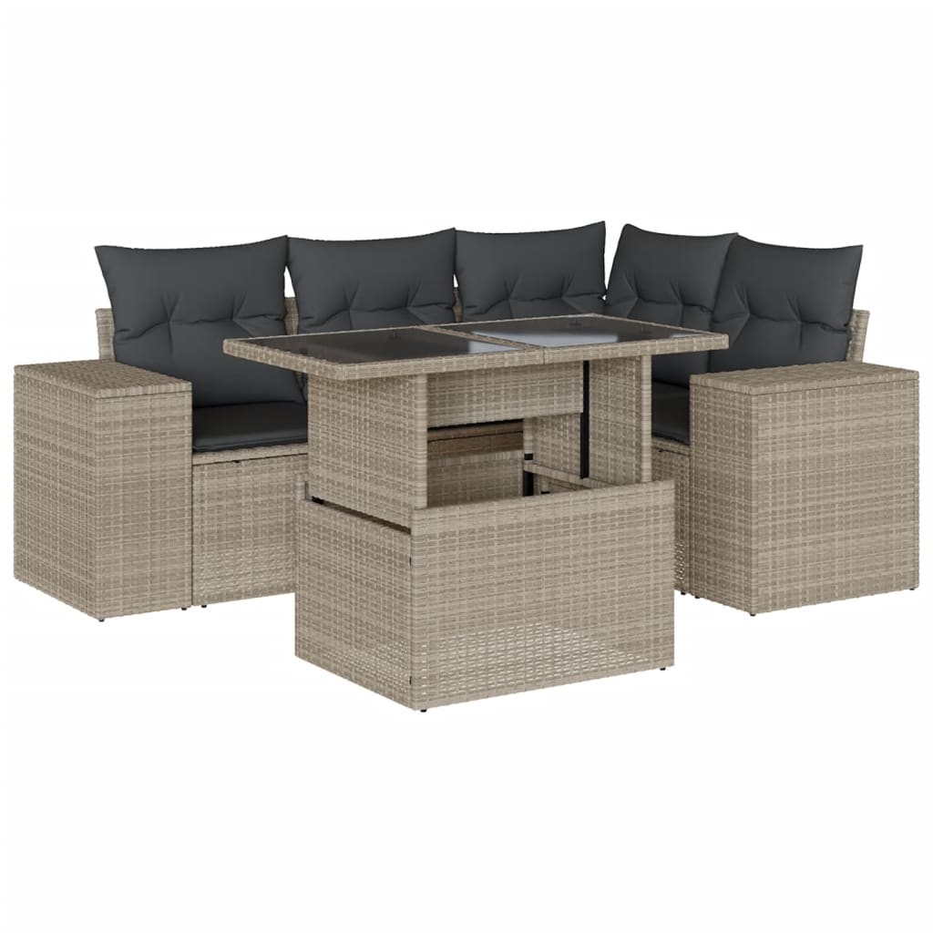 Salon de jardin 5 pcs avec coussins gris clair résine tressée