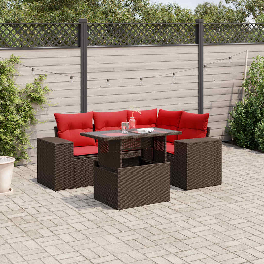 Ensemble de canapé de jardin 5 pcs avec coussins marron résine tressée