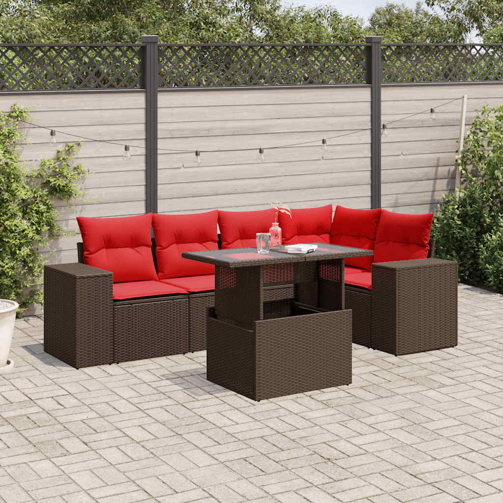 Ensemble de canapé de jardin 6 pcs avec coussins marron résine tressée