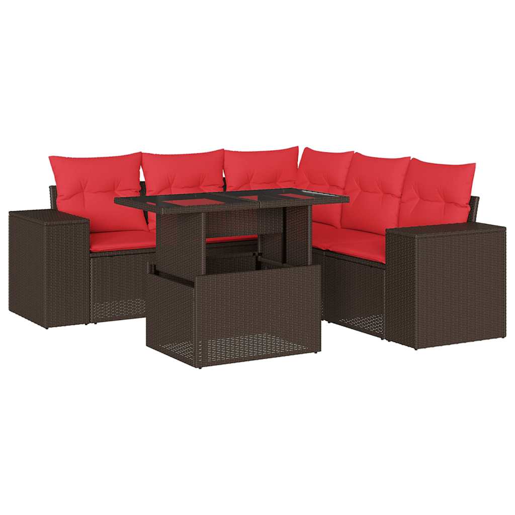 Ensemble de canapé de jardin 6 pcs avec coussins marron résine tressée