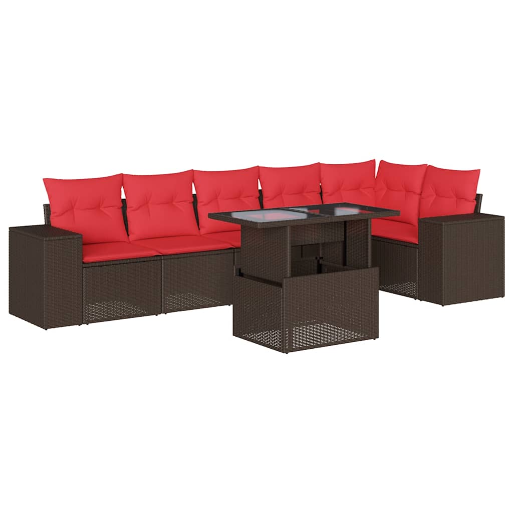 Ensemble de canapé de jardin 7 pcs avec coussins marron résine tressée