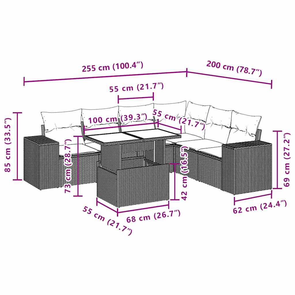 Ensemble de canapé de jardin 7 pcs avec coussins gris résine tressée