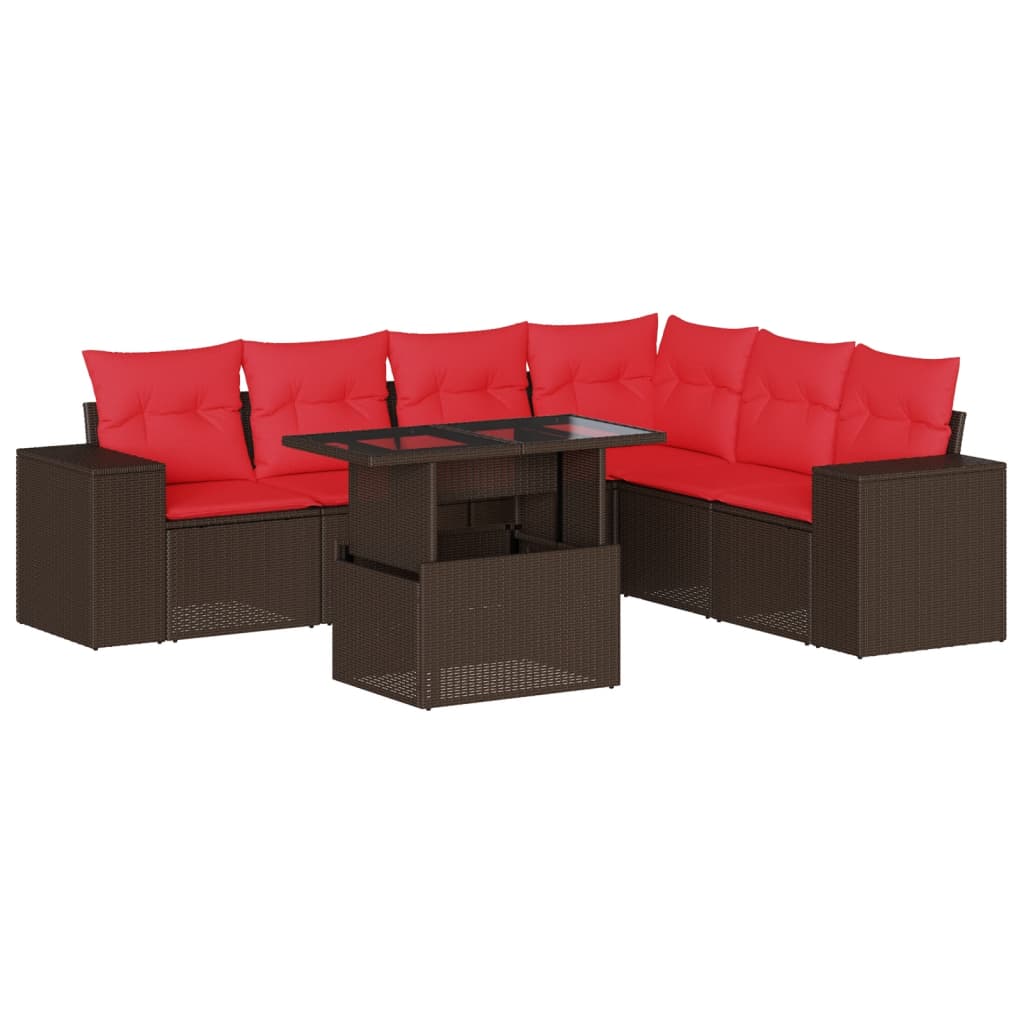 Ensemble de canapé de jardin 7 pcs avec coussins marron résine tressée