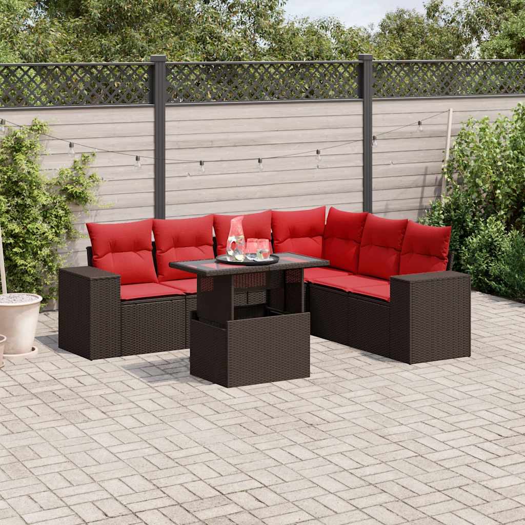 Ensemble de canapé de jardin 7 pcs avec coussins marron résine tressée