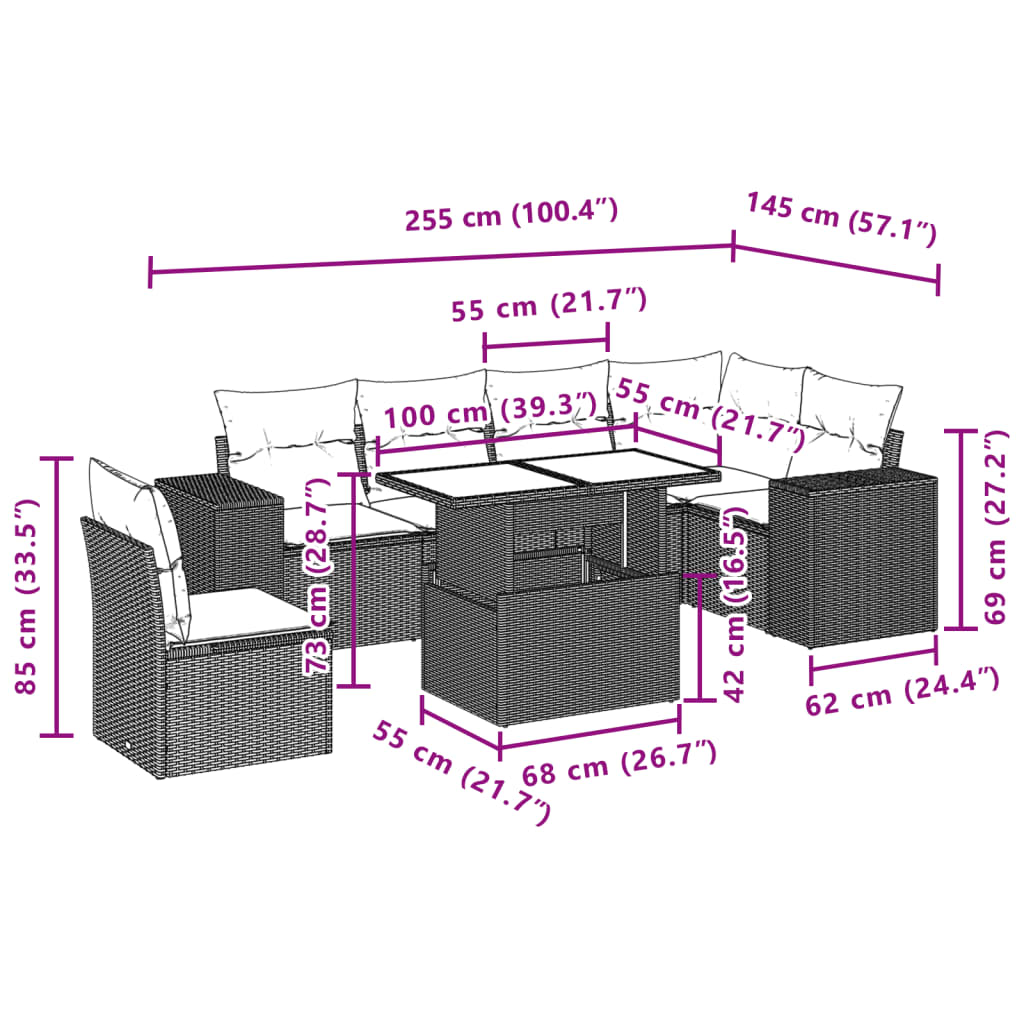 Salon de jardin avec coussins 7 pcs beige résine tressée