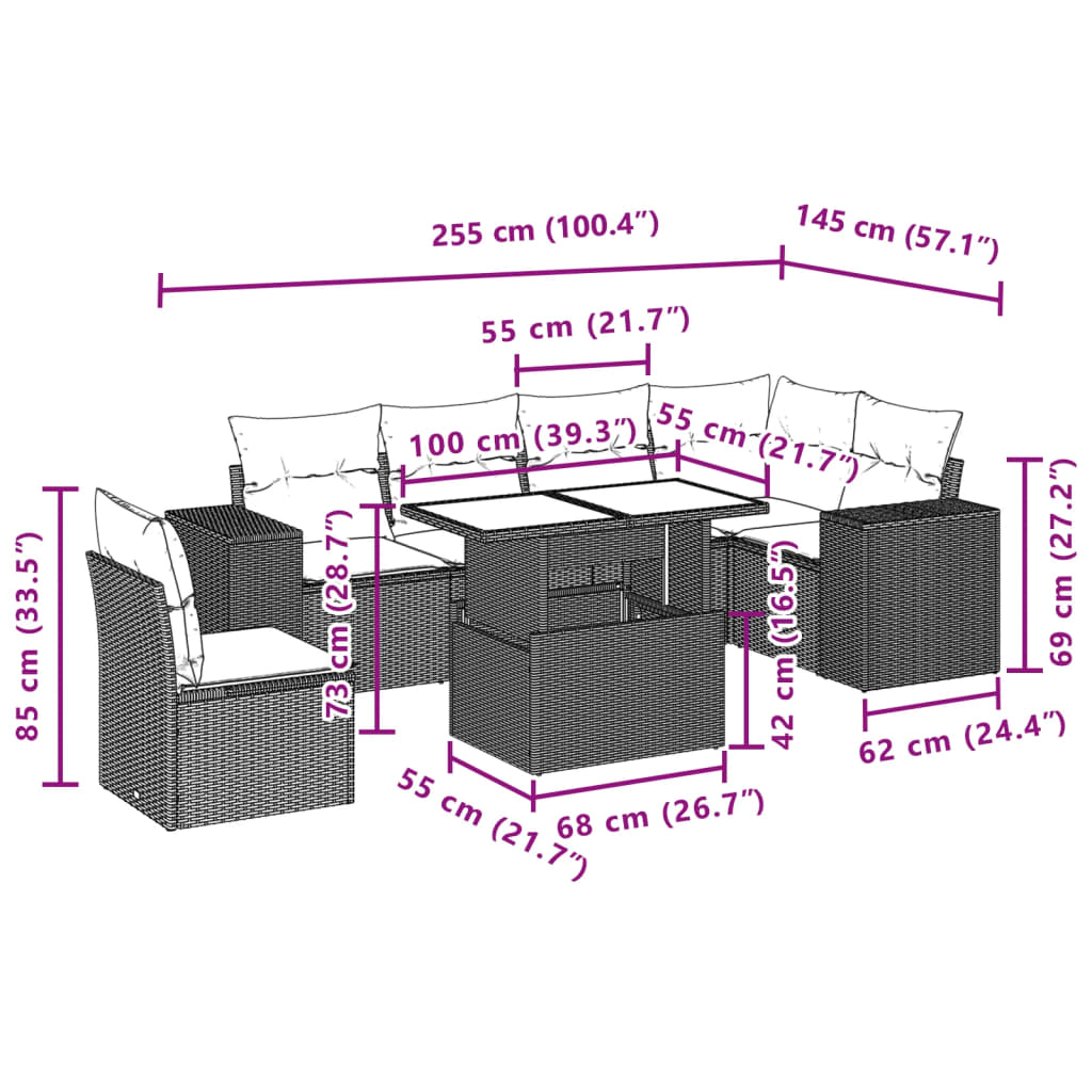 Salon de jardin avec coussins 7 pcs gris résine tressée