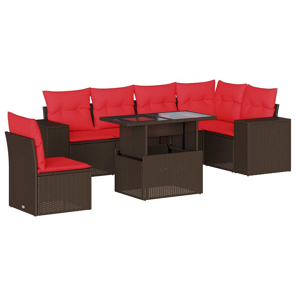 Ensemble de canapé de jardin 7 pcs avec coussins marron résine tressée