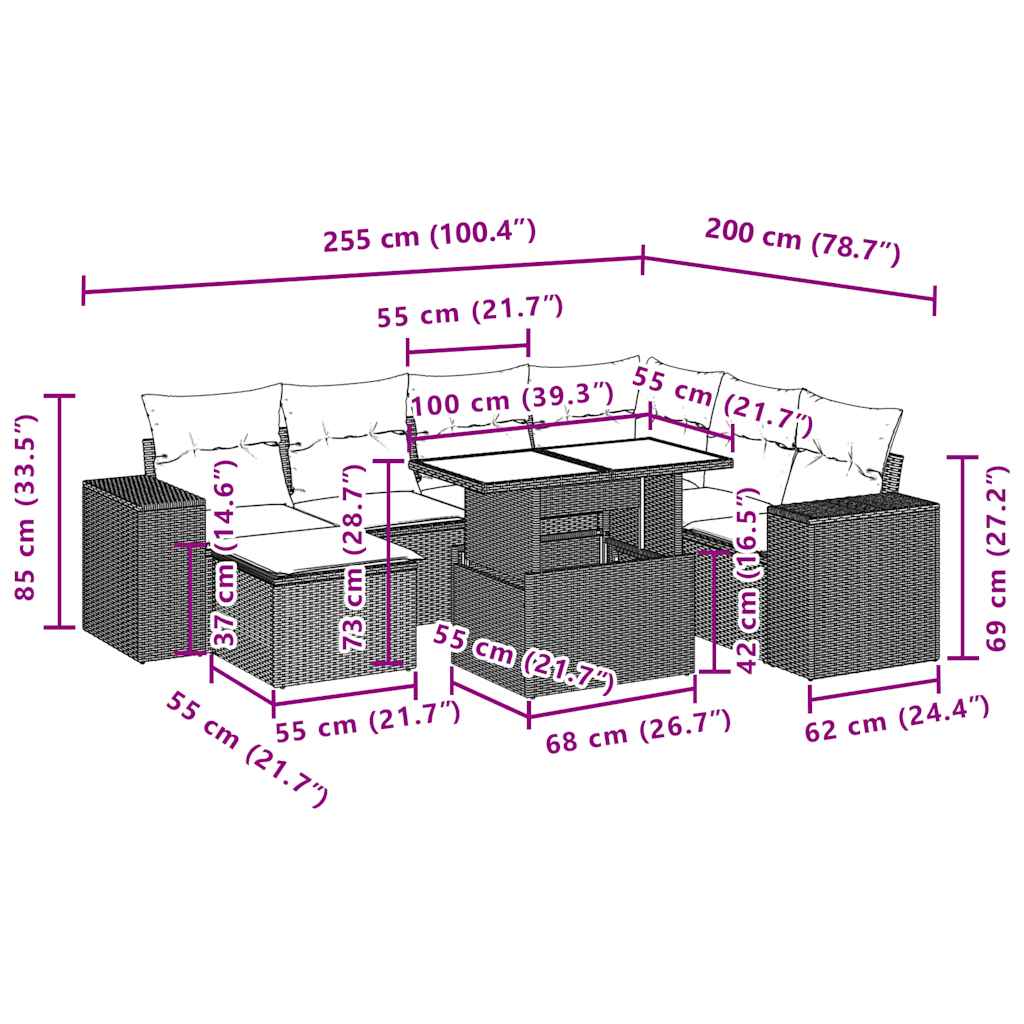 Ensemble de canapé de jardin 8 pcs avec coussins gris résine tressée