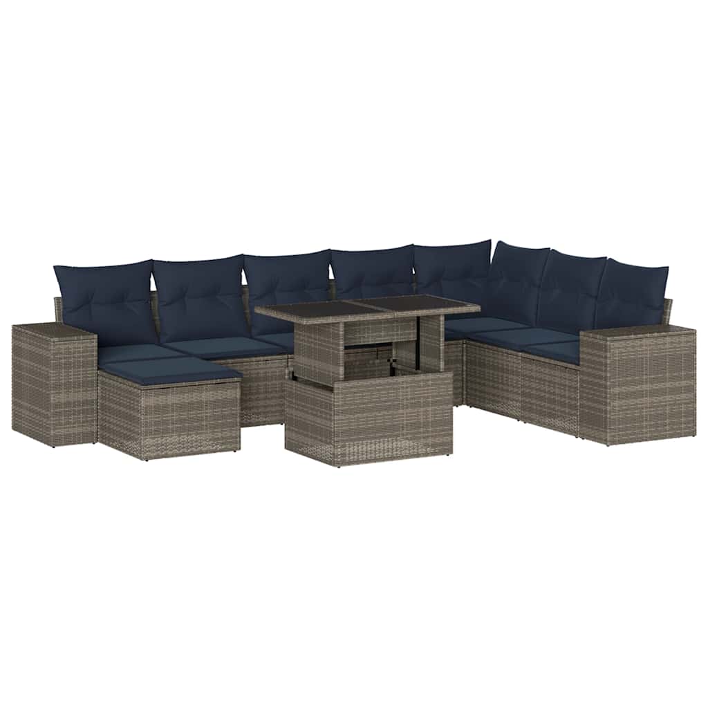Ensemble de canapé de jardin 9 pcs avec coussins gris résine tressée