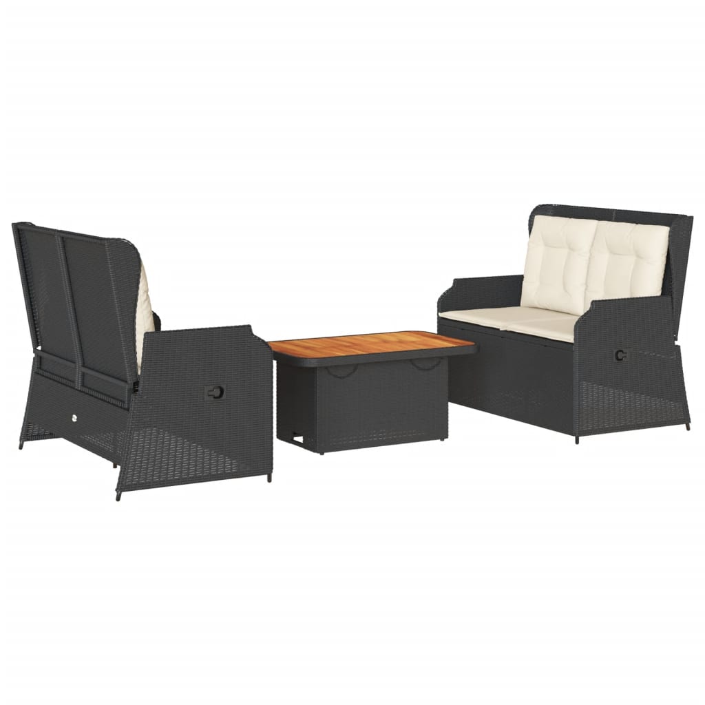 Salon de jardin 3 pcs avec coussins Noir Résine tressée