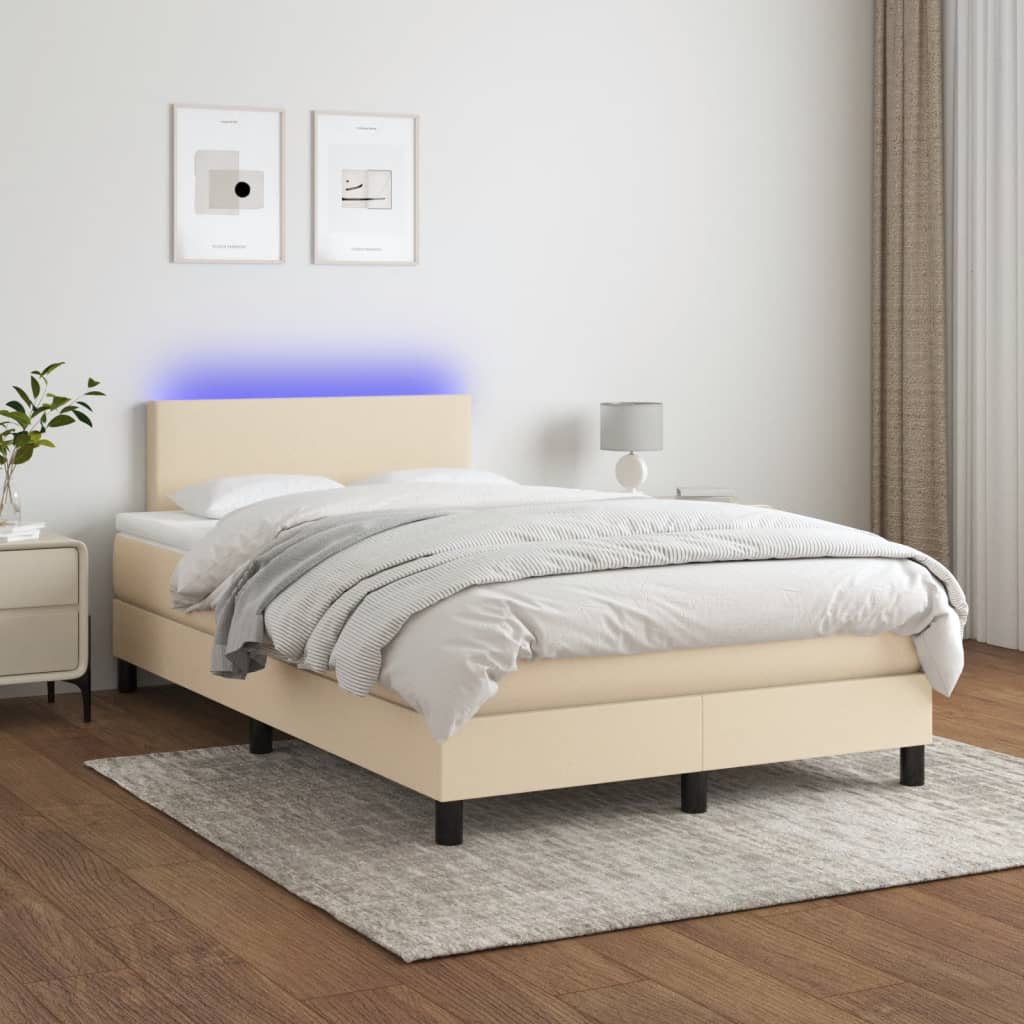 Sommier à lattes de lit matelas et LED crème 120x190 cm tissu - XIOS